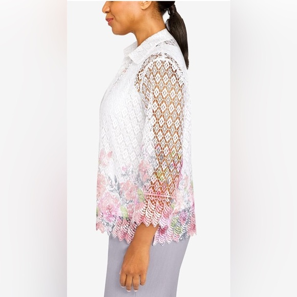 Alfred Dunner Woman Blouse Jacket 20W White Floral Lace Open Front Sheer wb - Picture 4 of 9